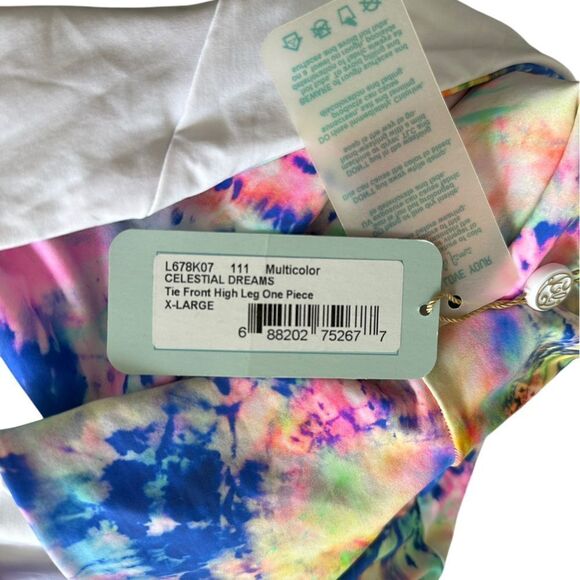 Luli Fama Neon Tie Dye Celestial Dreams Tie Front High Leg One Piece Swimsuit - Picture 8 of 16